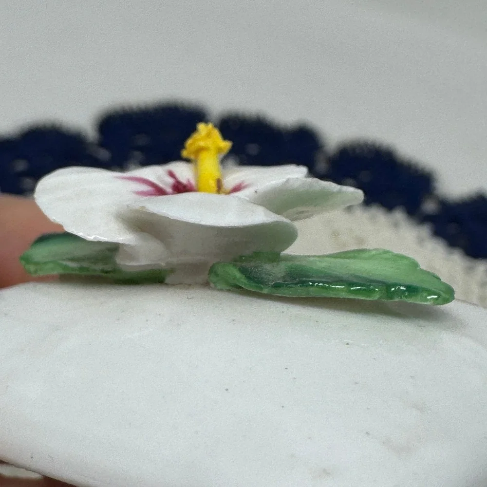 Artone England Hand Painted Bone China Trinket Box White Hibiscus Flower Vintage